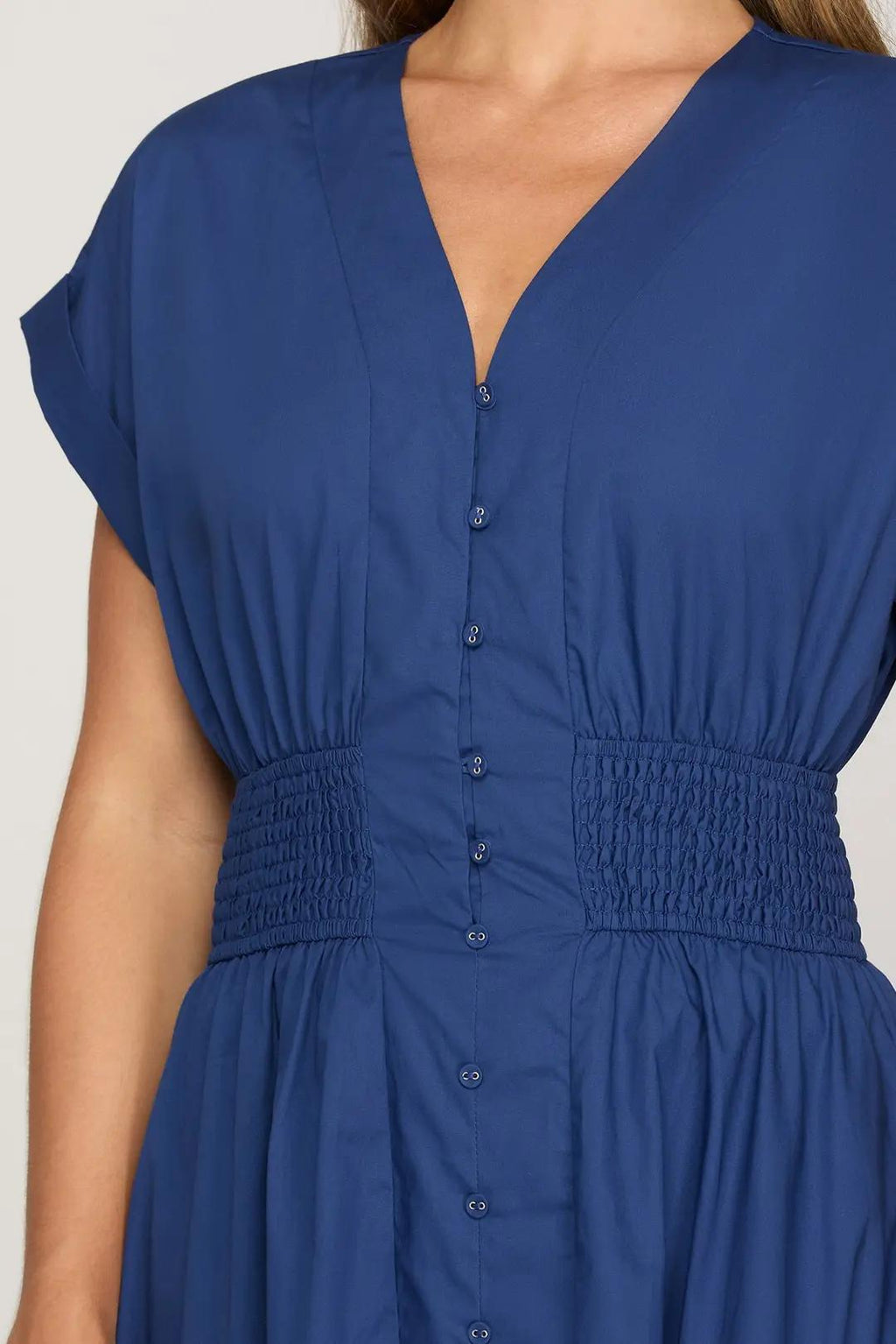 Drop Shoulder Smocked Waist Midi Dress With Pockets