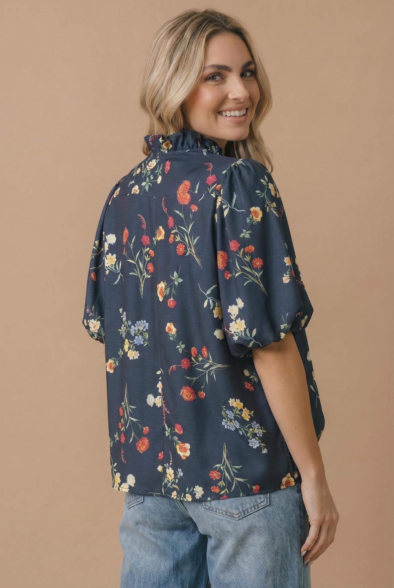 Notch Neck Floral Empire Waist Woven Top