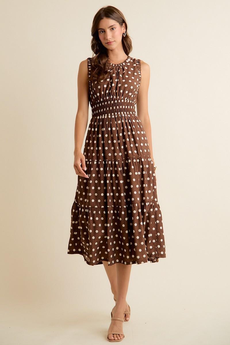 Polka Dot Sleeveless Smocked Waist Midi Lined Dress