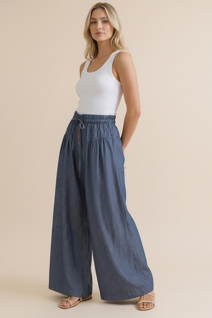Elastic Waist Wide Leg Chambray Pants