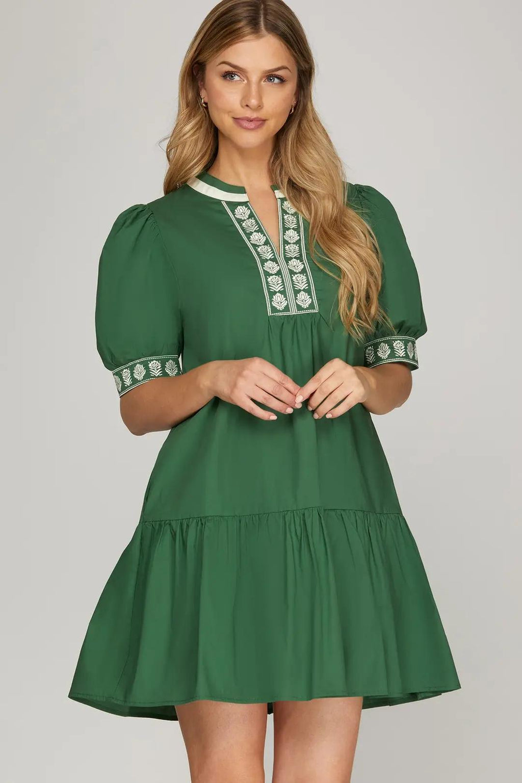 Short Sleeve Embroidered Mini Dress with Pockets