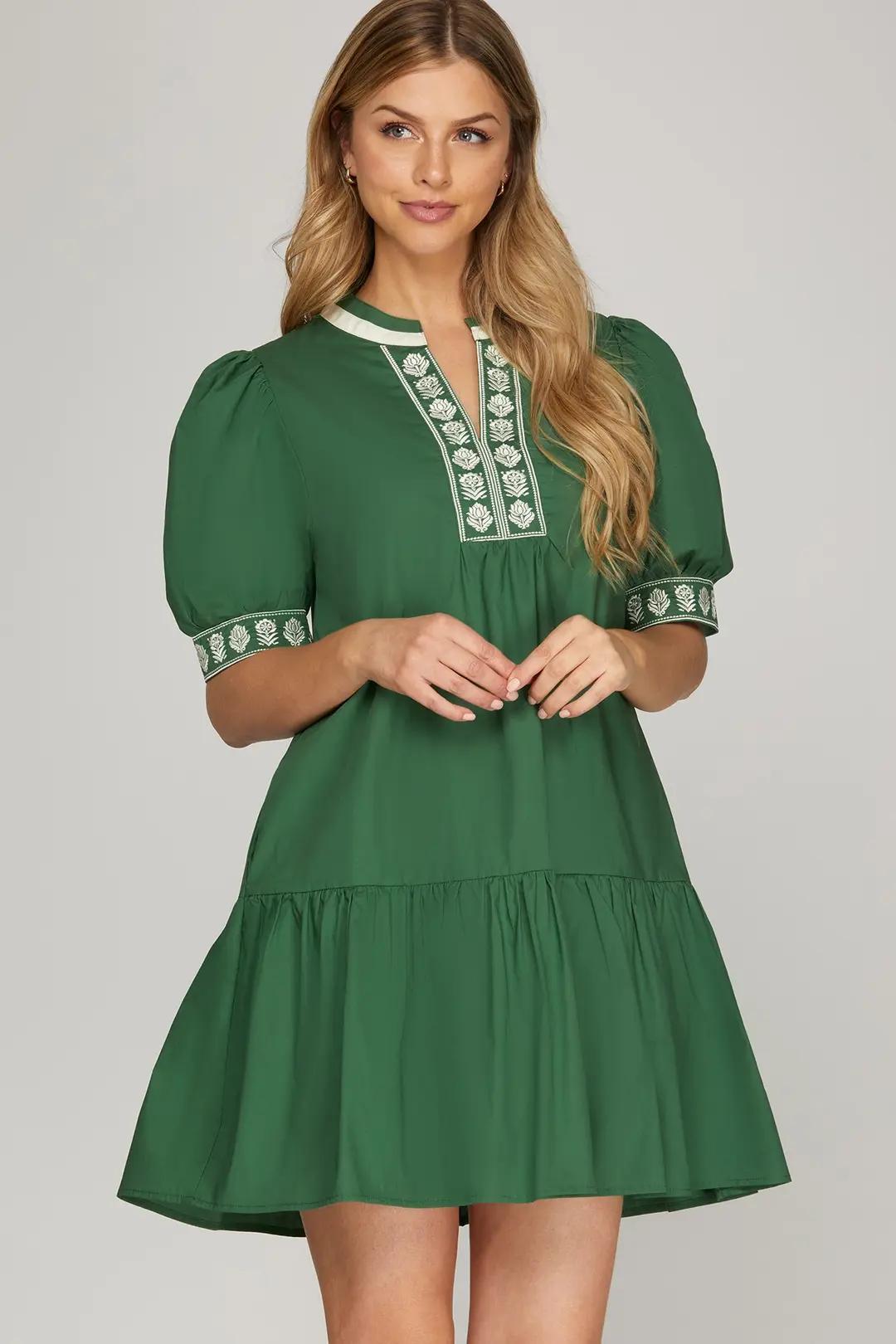 Short Sleeve Embroidered Mini Dress with Pockets