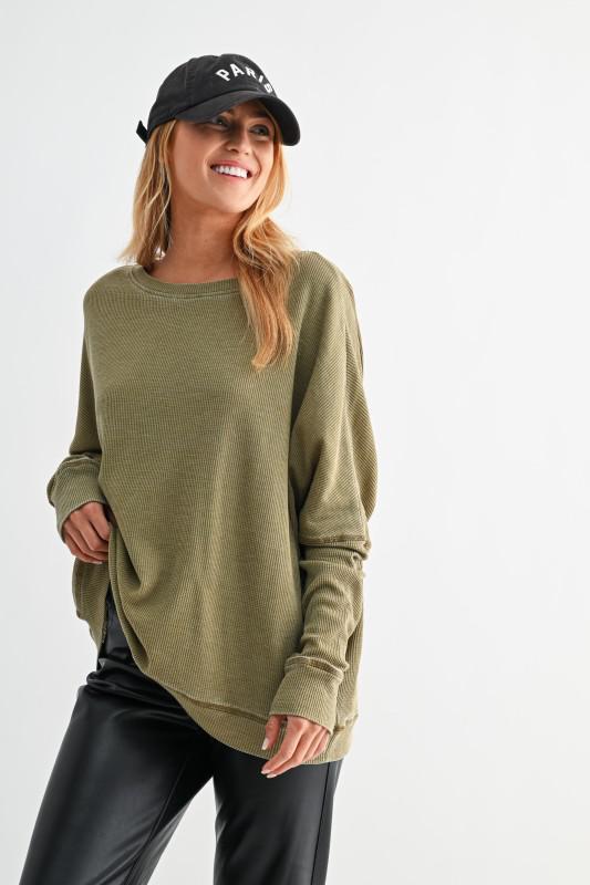 Waffle Ribbed Round Neck Pullover