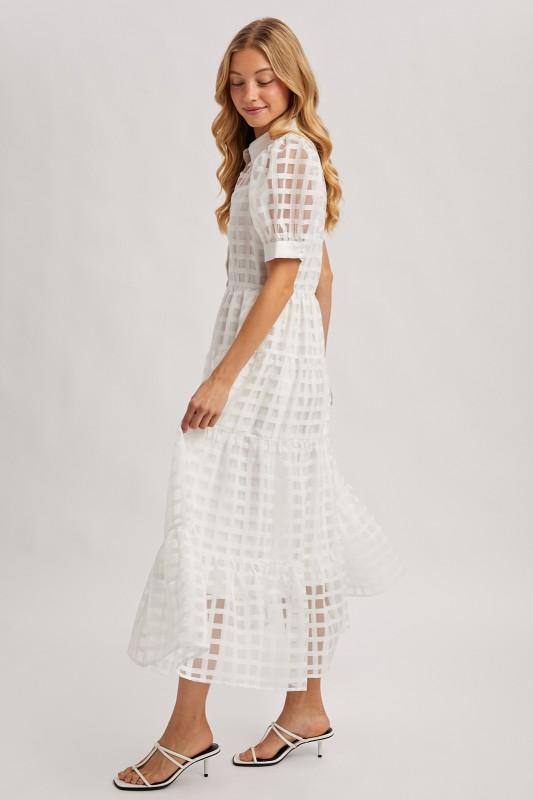 Gridded Organza Button-Down Tiered Maxi Dress