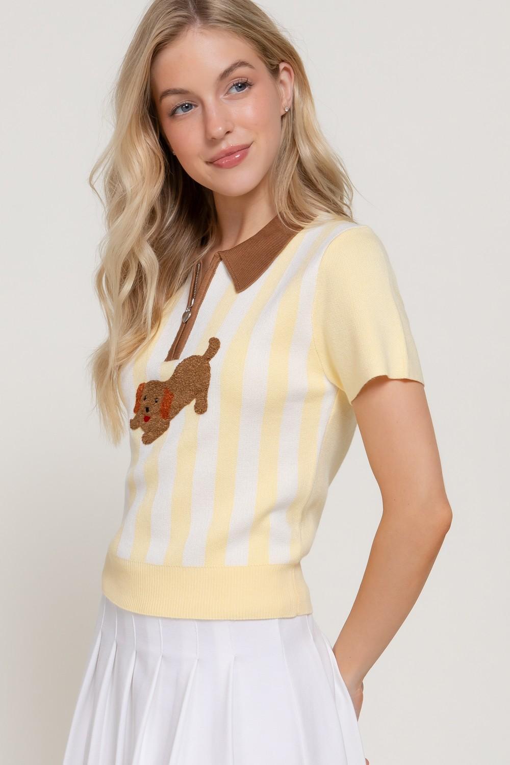 Short Sleeve Dog Frolicking Stripe Polo Top