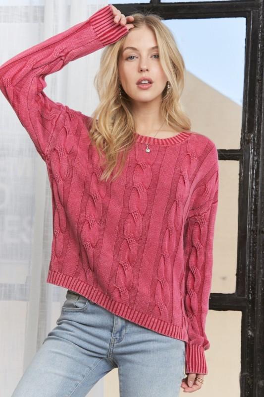 Mineral Washed Cable Knit Sweater Top