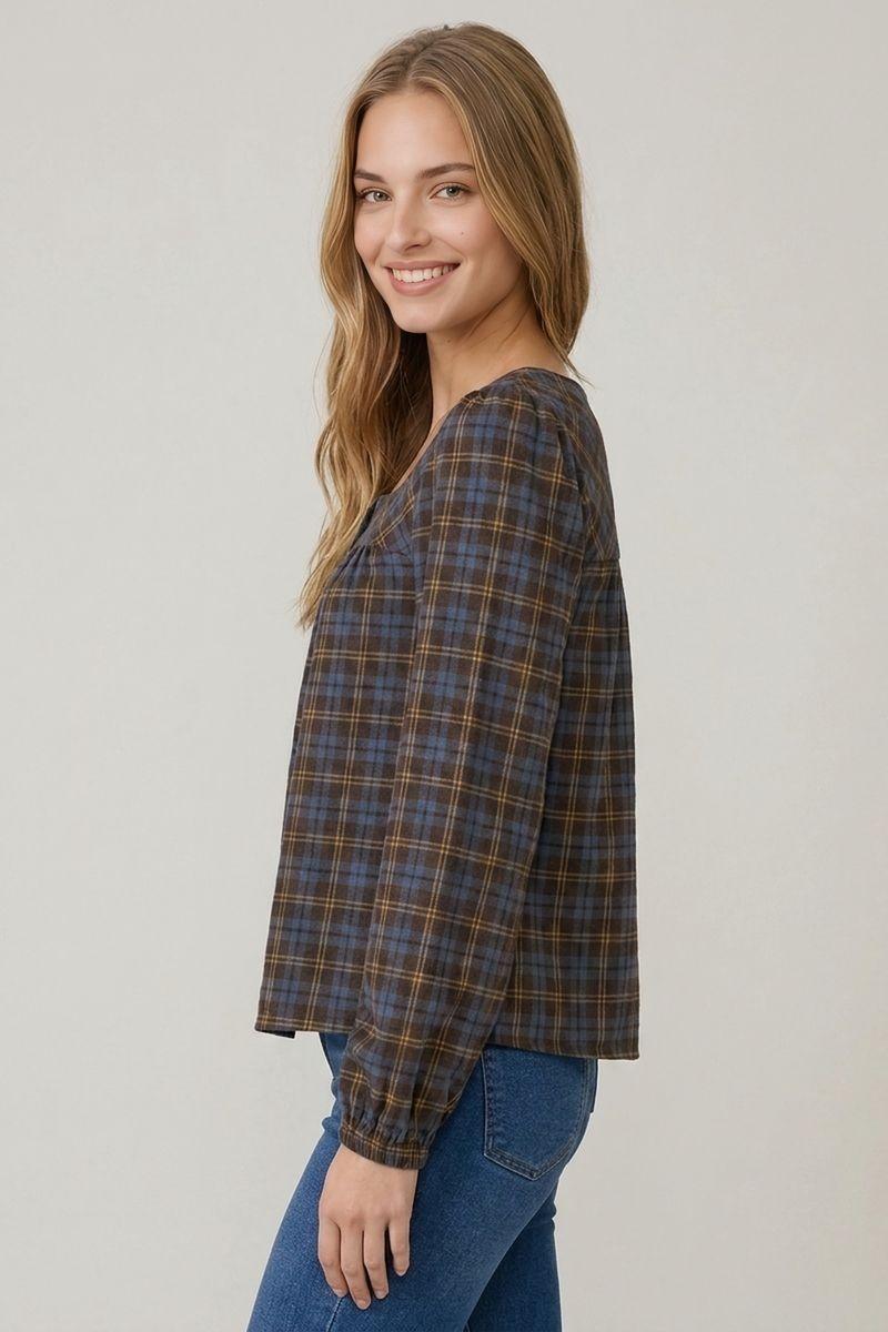 Plaid Square Neck Button-Front Long Sleeve Blouse