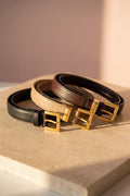 Bonded Leather Skinny Belt with Square Buckle