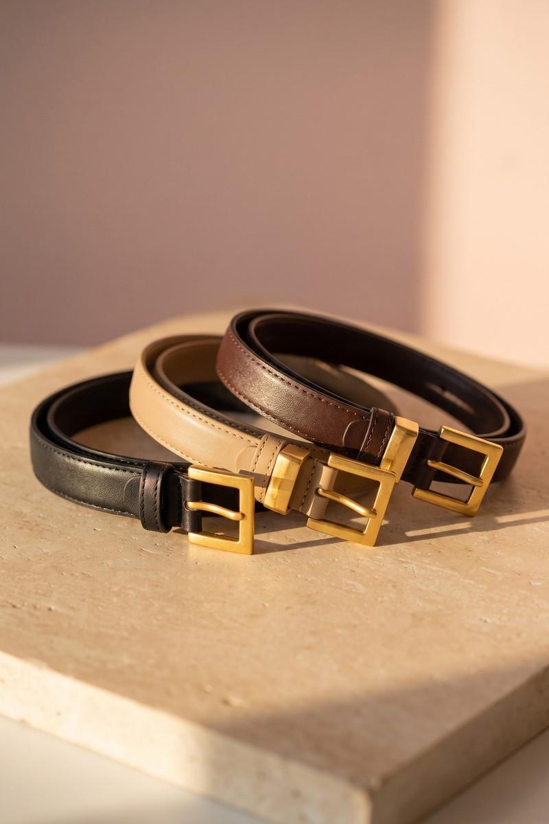 Bonded Leather Skinny Belt with Square Buckle