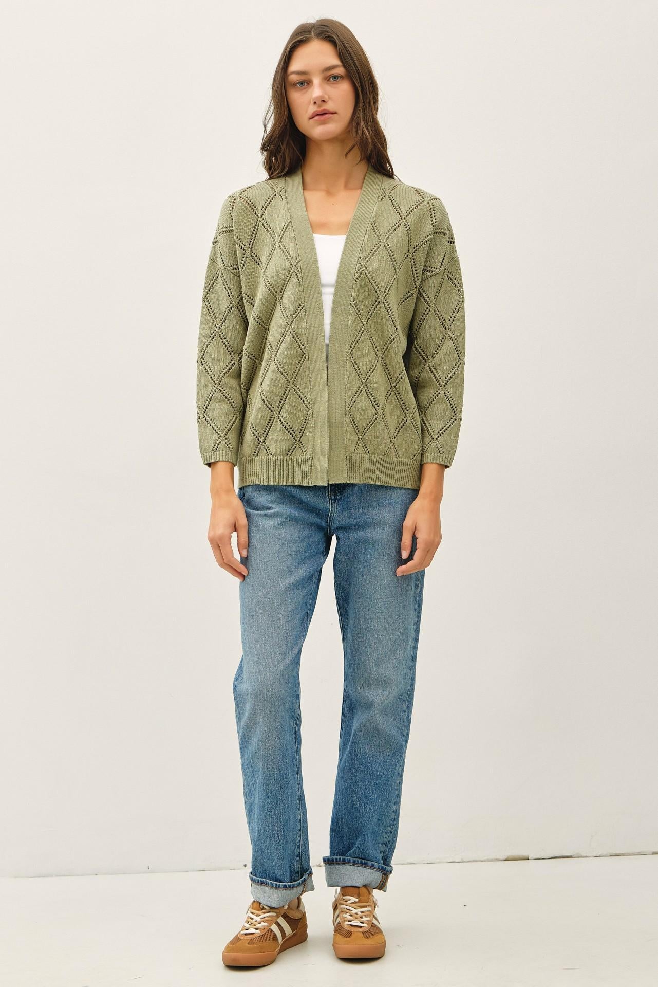 Pointelle Knit Open Front Cardigan