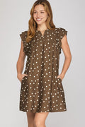 Ruffle Sleeve Woven Polka Dot Mini Dress With Pockets