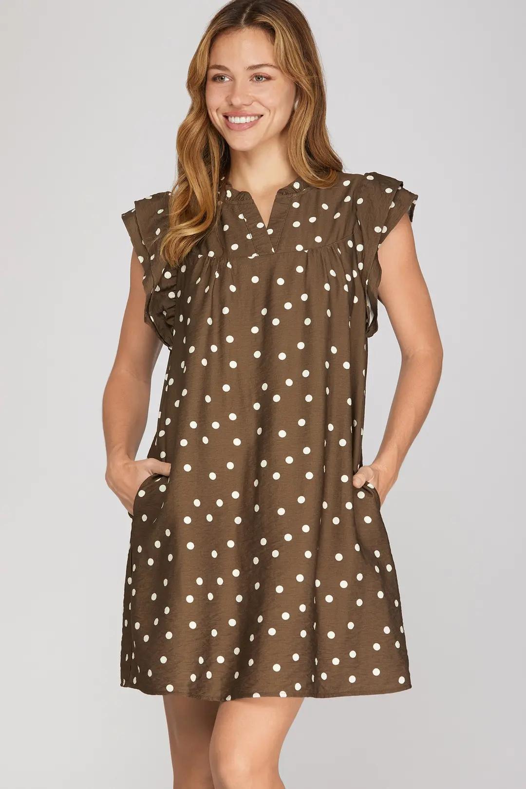 Ruffle Sleeve Woven Polka Dot Mini Dress With Pockets