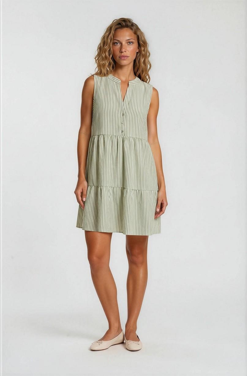 Sleeveless Button Down Shirring Stripe Mini Dress