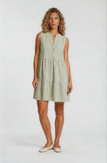Sleeveless Button Down Shirring Stripe Mini Dress