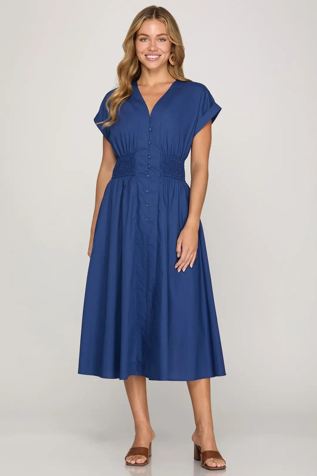 Drop Shoulder Smocked Waist Midi Dress With Pockets