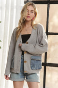 Button-Up Striped Denim Pocket Cardigan