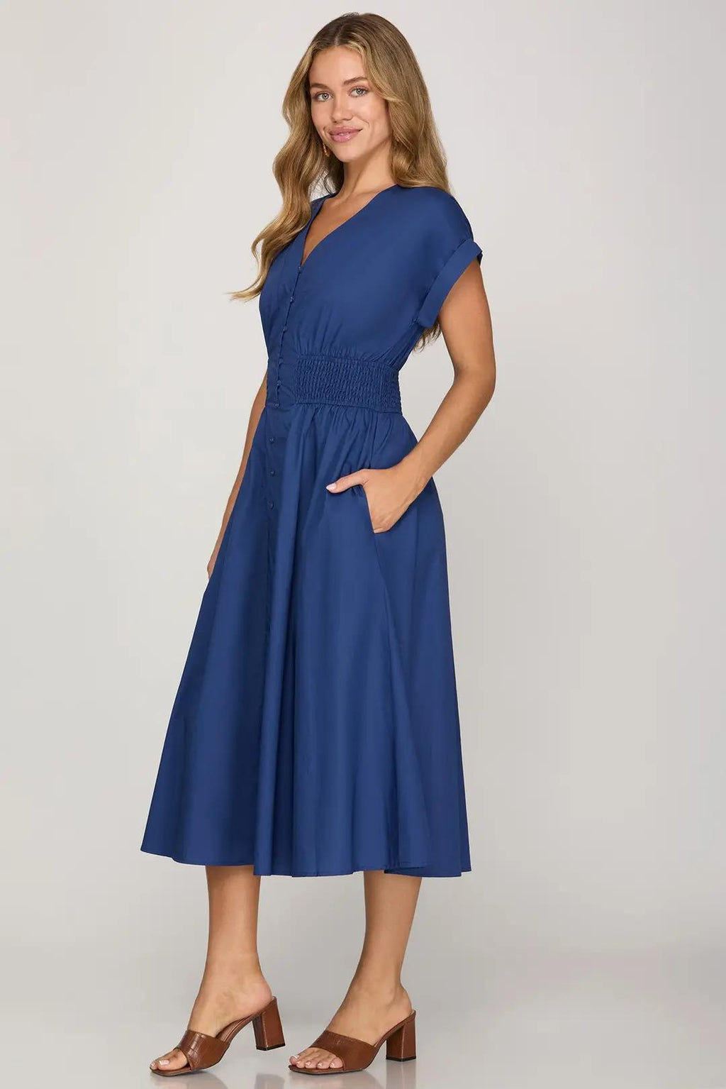 Drop Shoulder Smocked Waist Midi Dress With Pockets