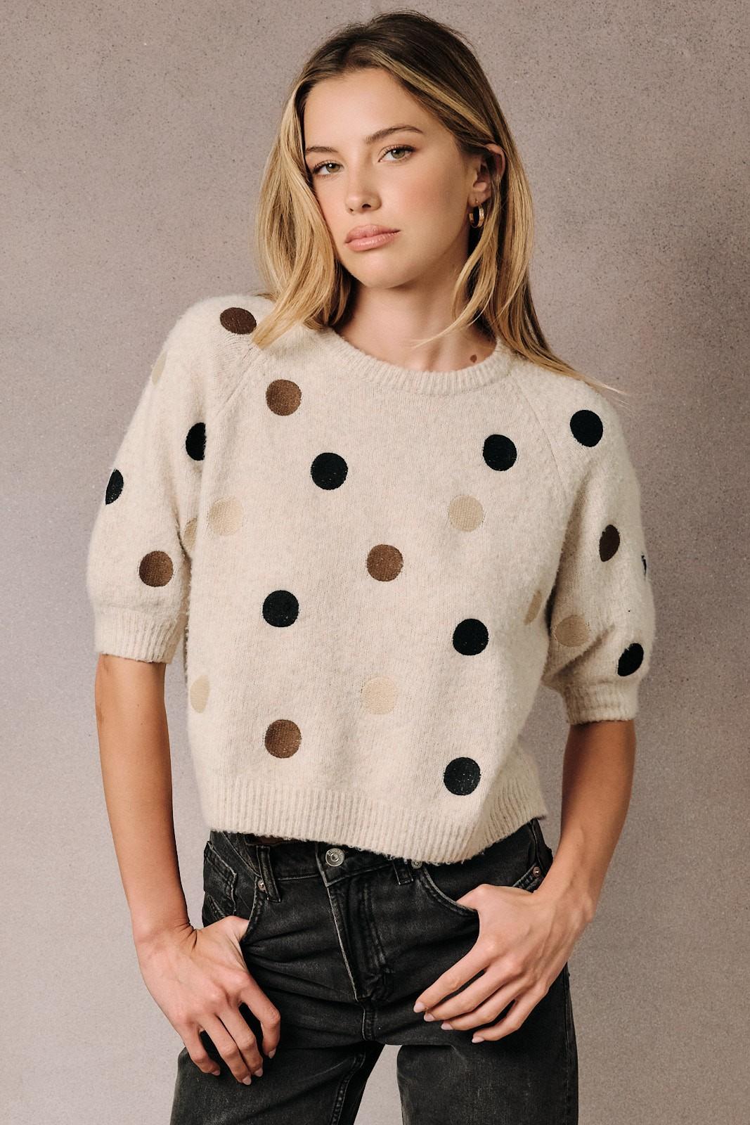 Fuzzy Polka Dot Raglan Short Sleeve Knit Sweater