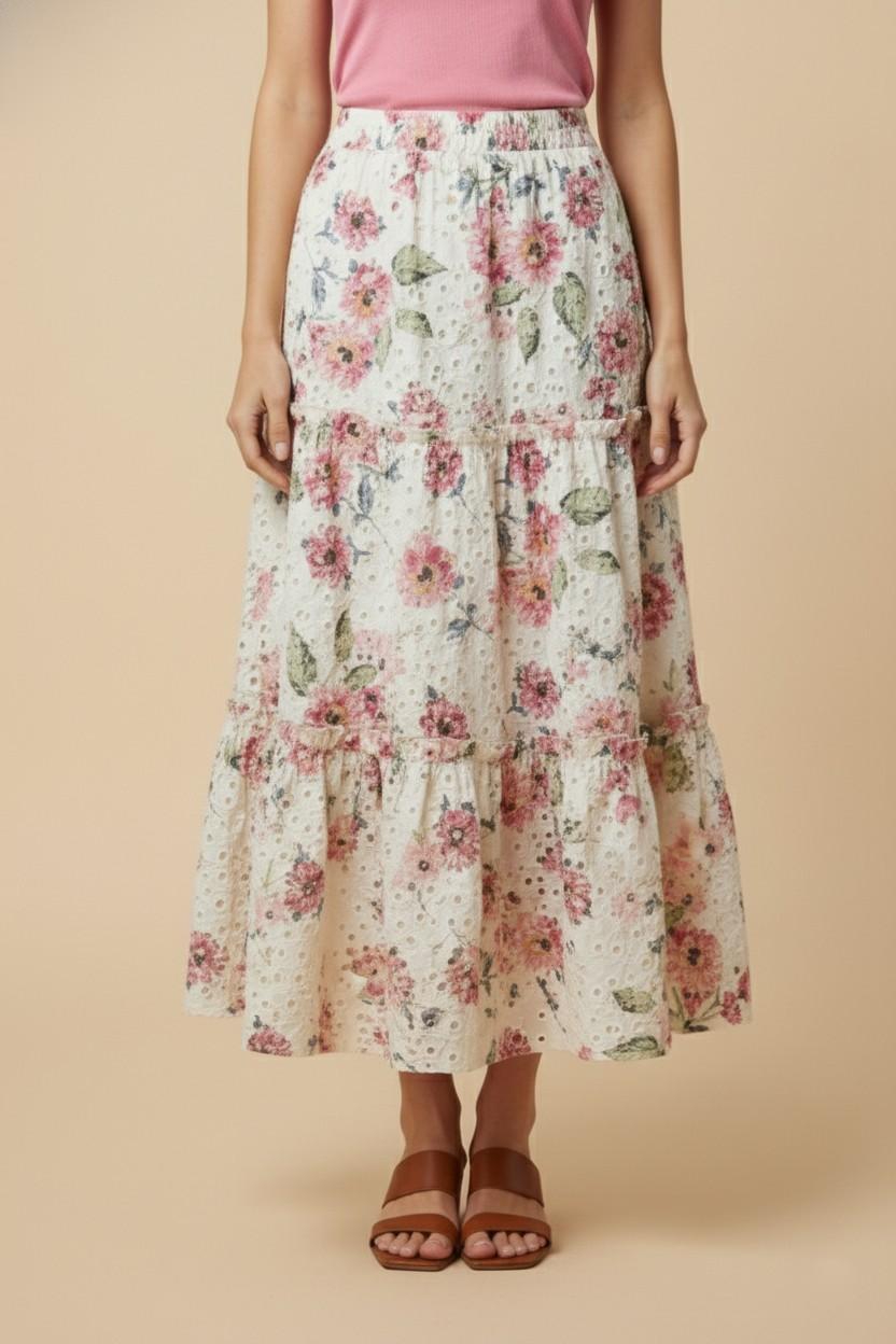 Womens Floral Printed Crochet Eyelet Skirt