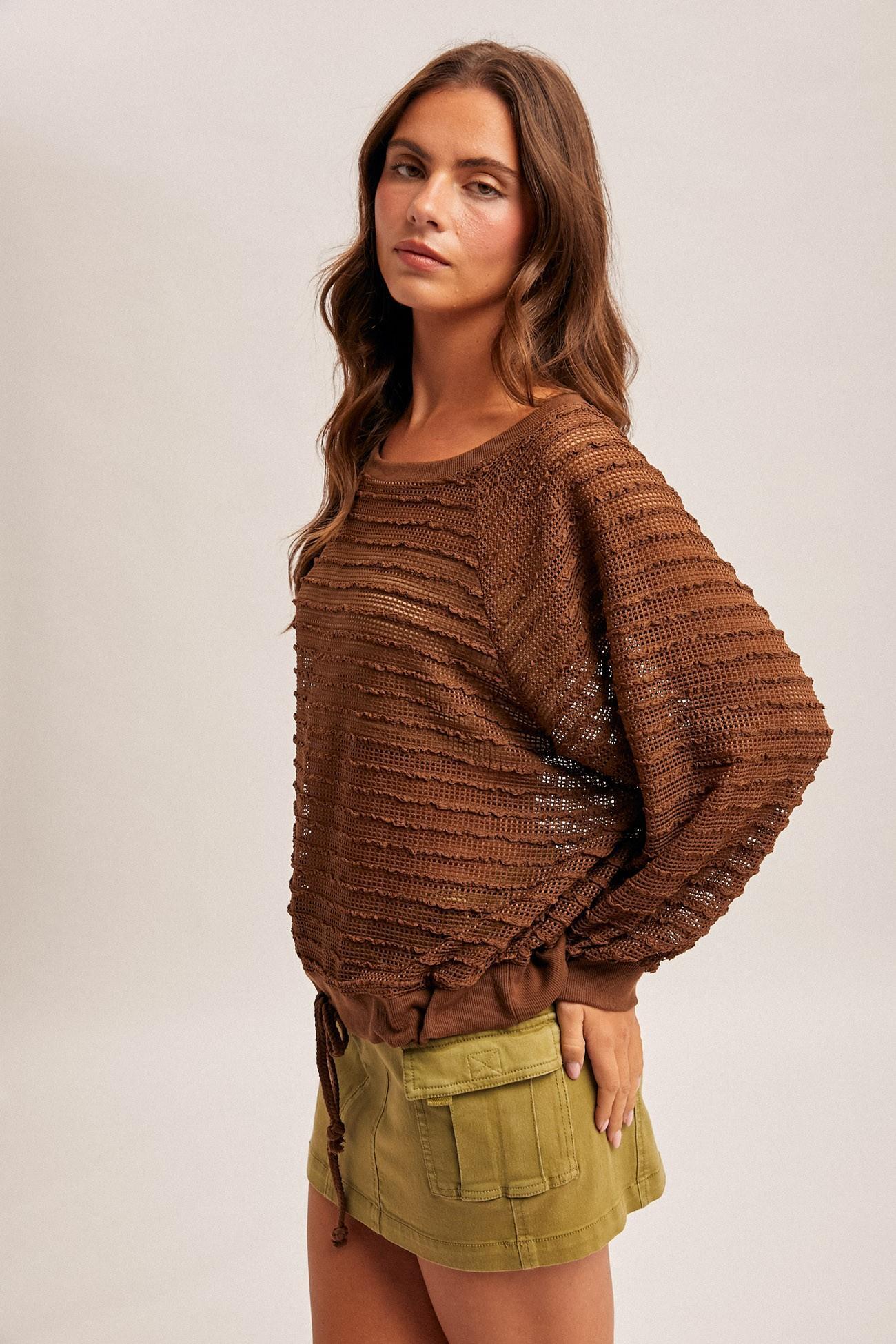 Raglan Sleeve Waist String Detail Textured Top