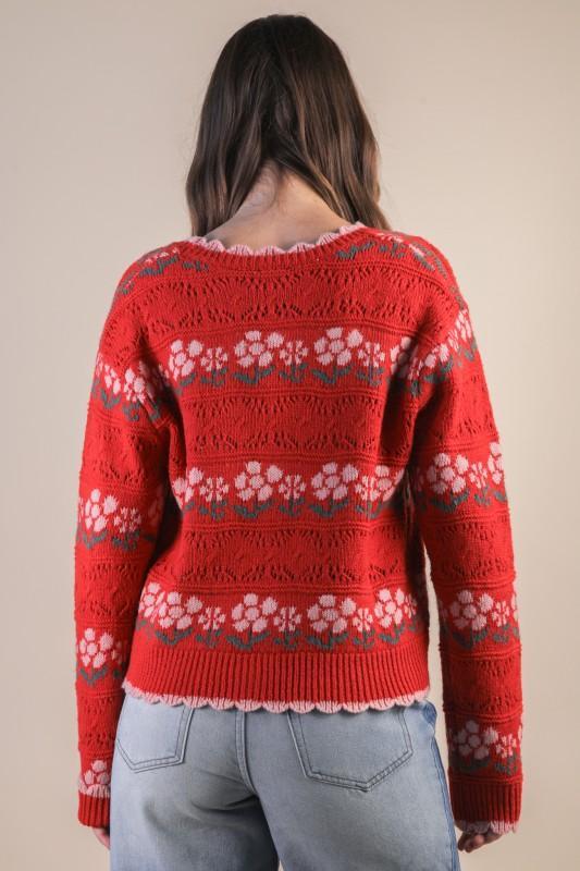 Floral Graphic Detail Knit Sweater Cardigan