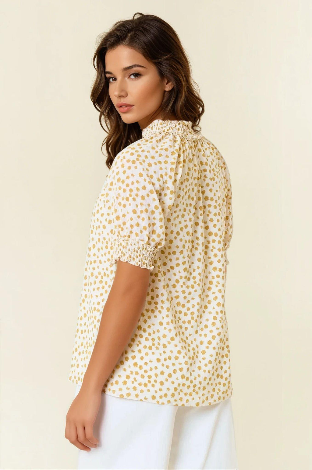 Jacquard Dot Print Short Sleeve Blouse