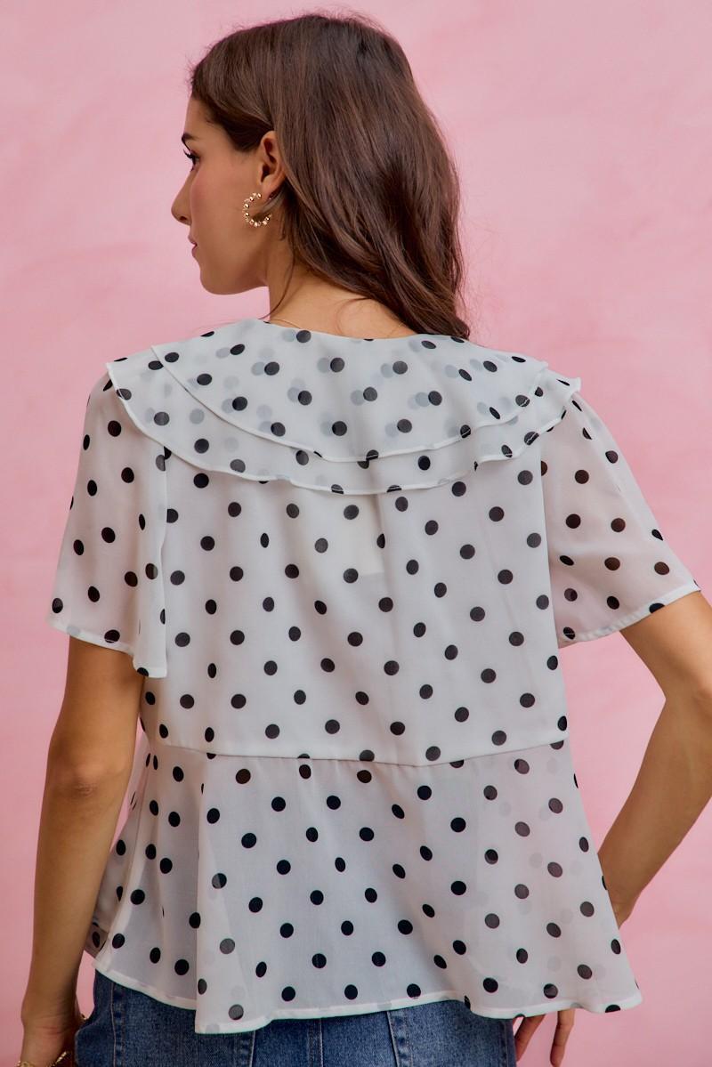 Polka Dot Ruffled Short Sleeves Lined Blouse Top