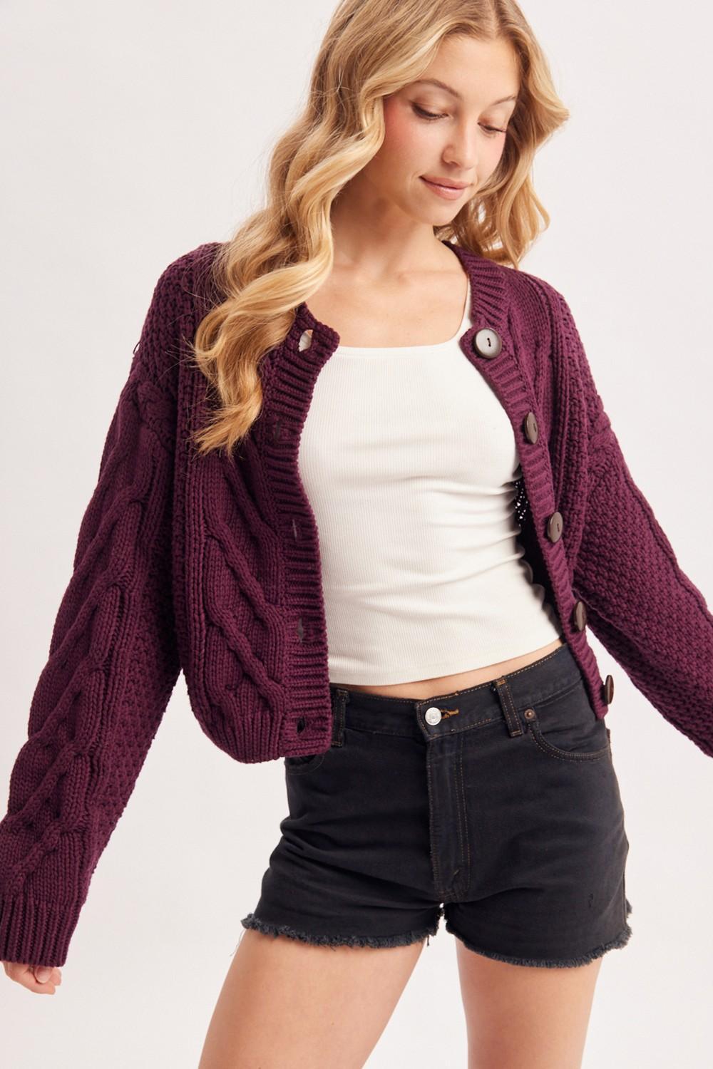 Cropped Button Front Cable Knit Sweater Cardigan