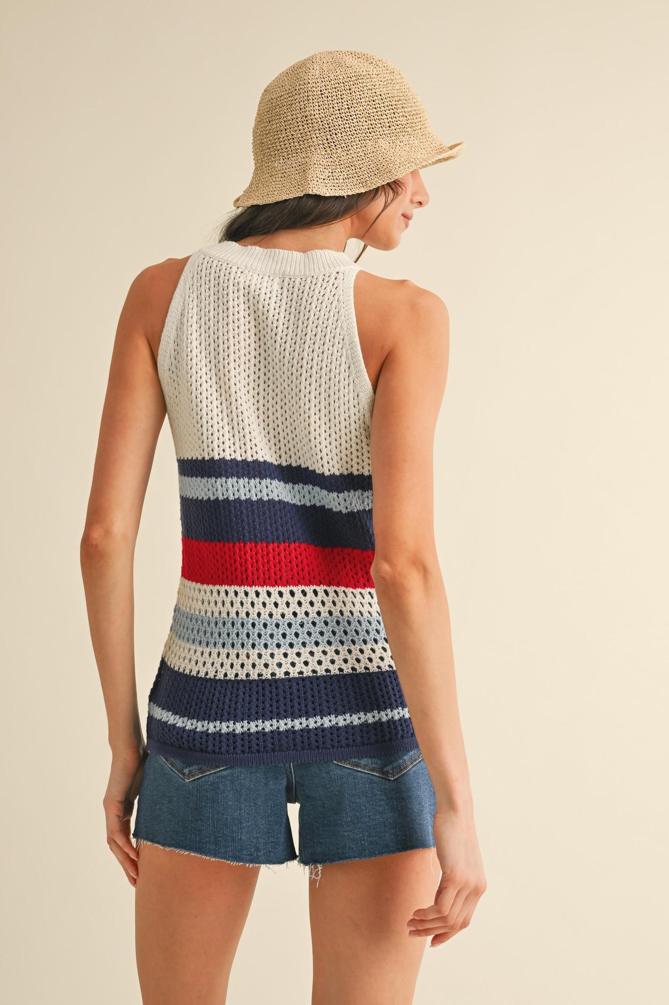 4th Of July Multi Stripe Open Stitch Halter Sweater Top