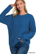 Hi-Low Long Sleeve Round Neck Waffle Sweater