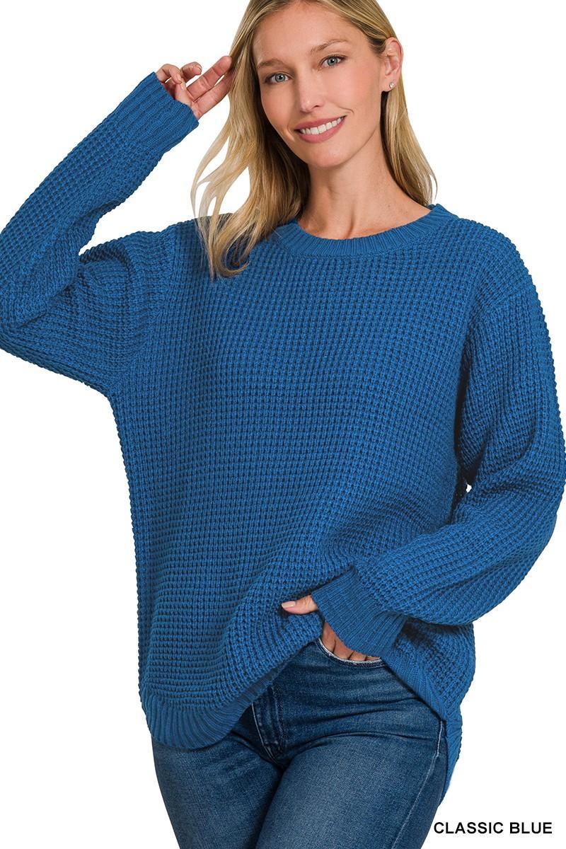 Hi-Low Long Sleeve Round Neck Waffle Sweater