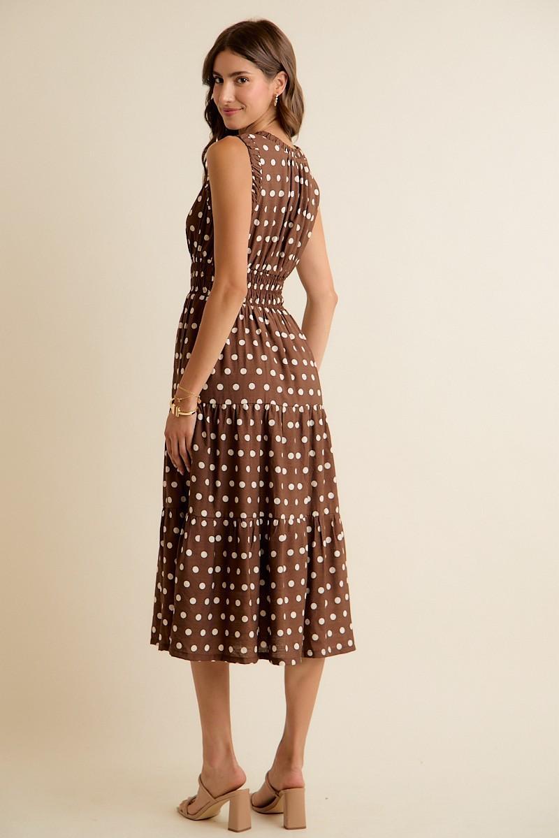 Polka Dot Sleeveless Smocked Waist Midi Lined Dress