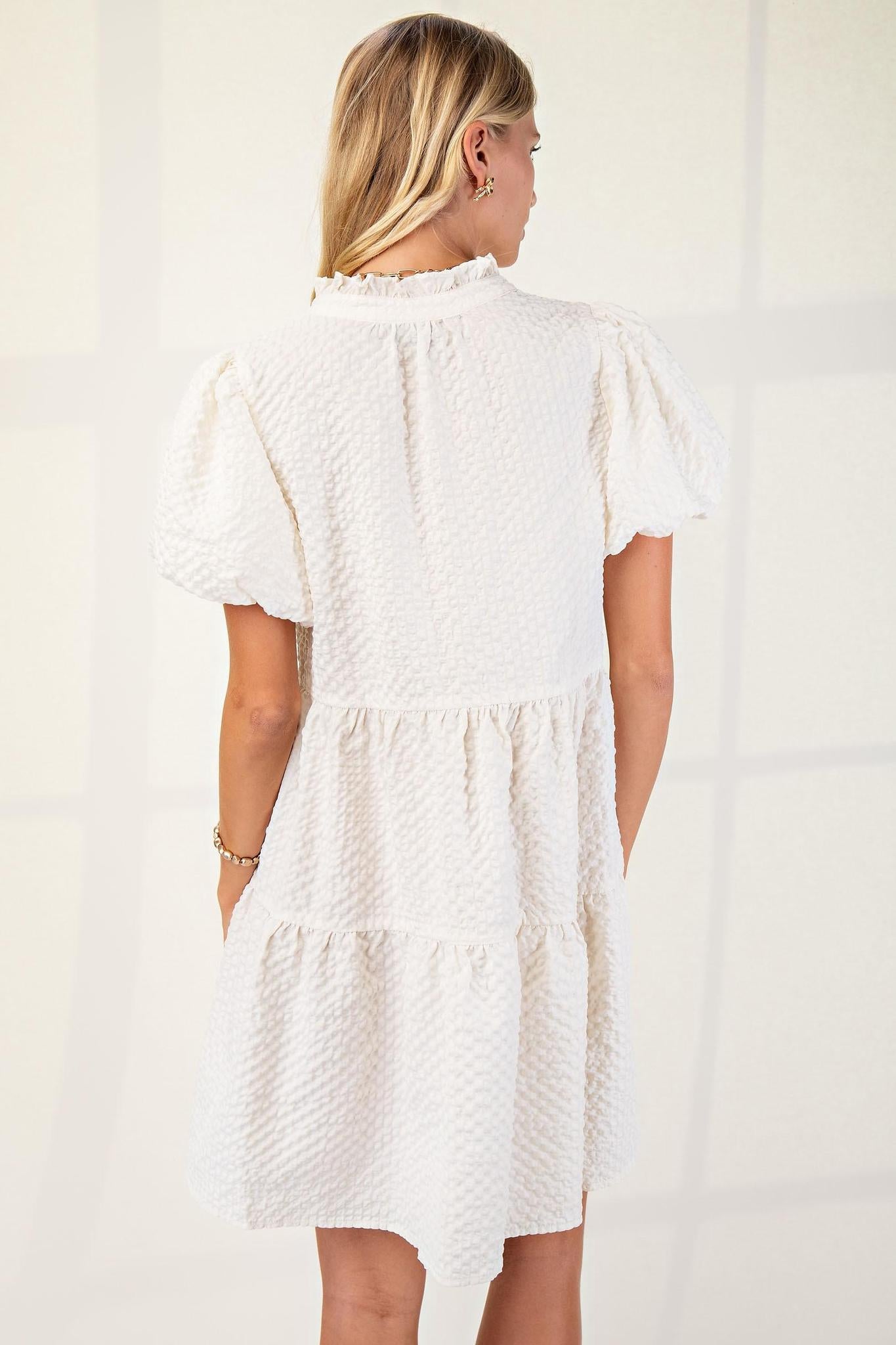 Seersucker Puff Sleeve Mini Dress