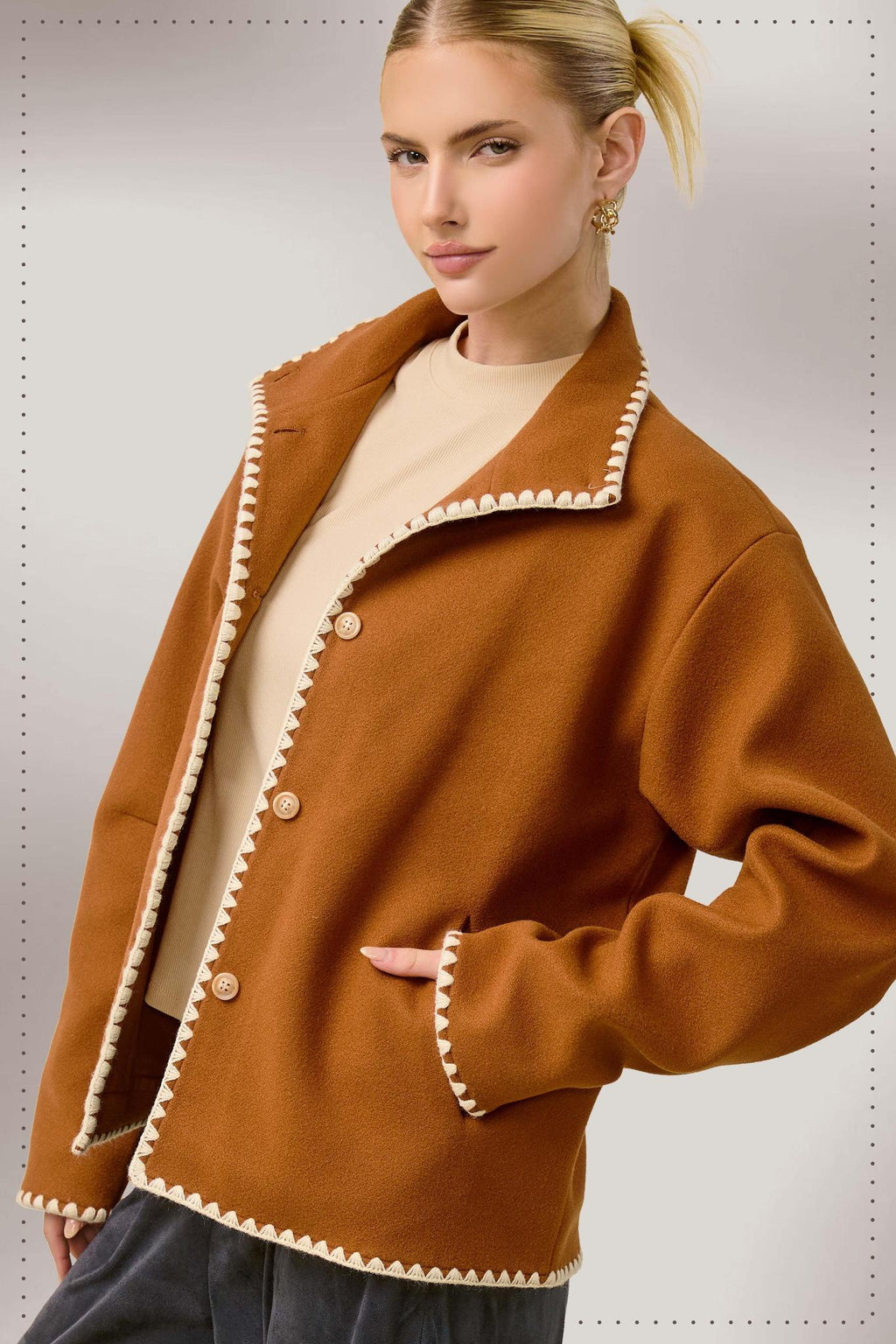 Convertible Collar Felt Jacket with Blanket Stitch