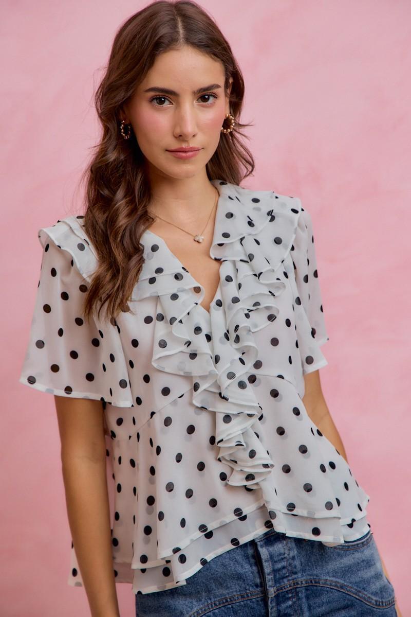 Polka Dot Ruffled Short Sleeves Lined Blouse Top