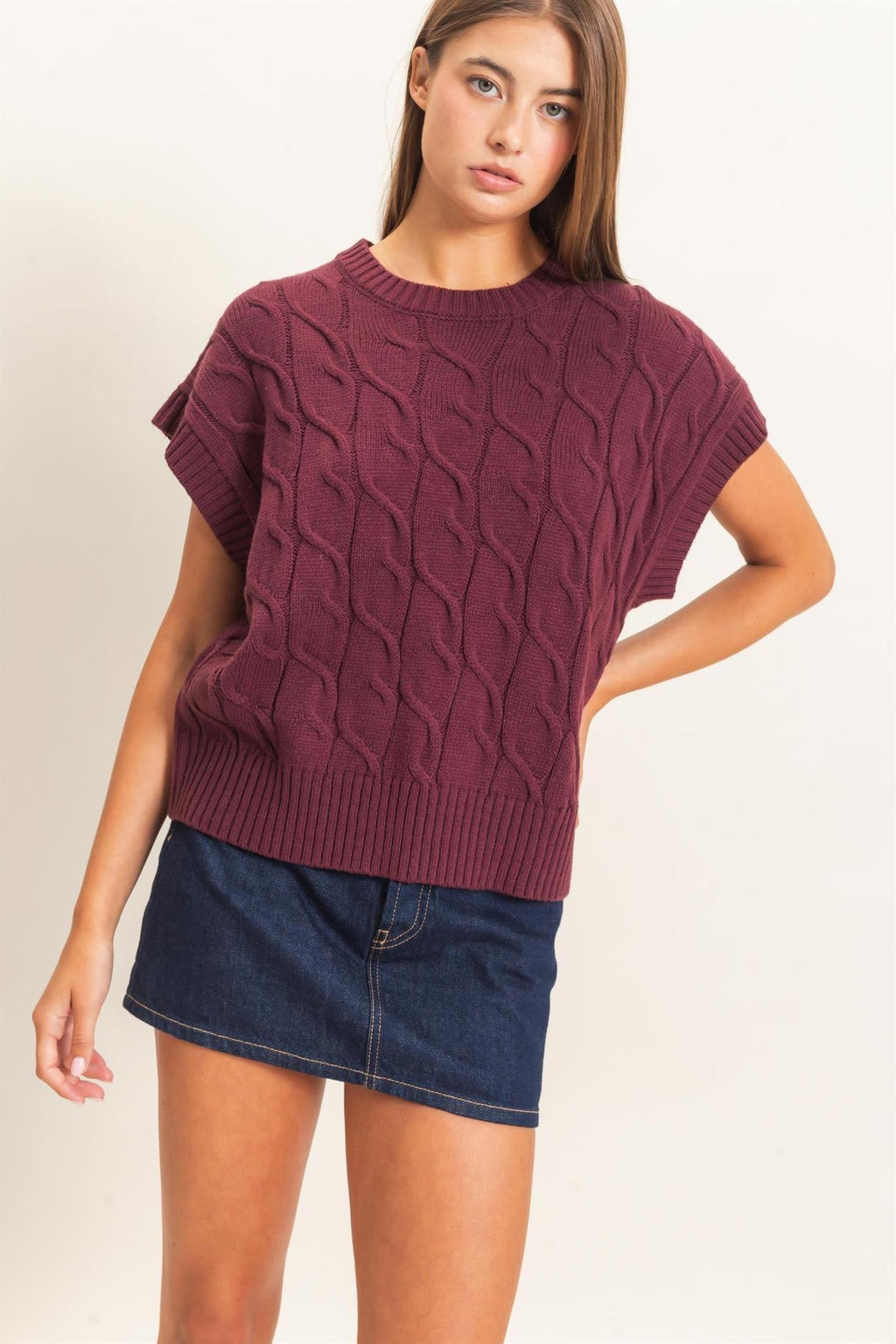 Cable Knit Cap Sleeve Sweater