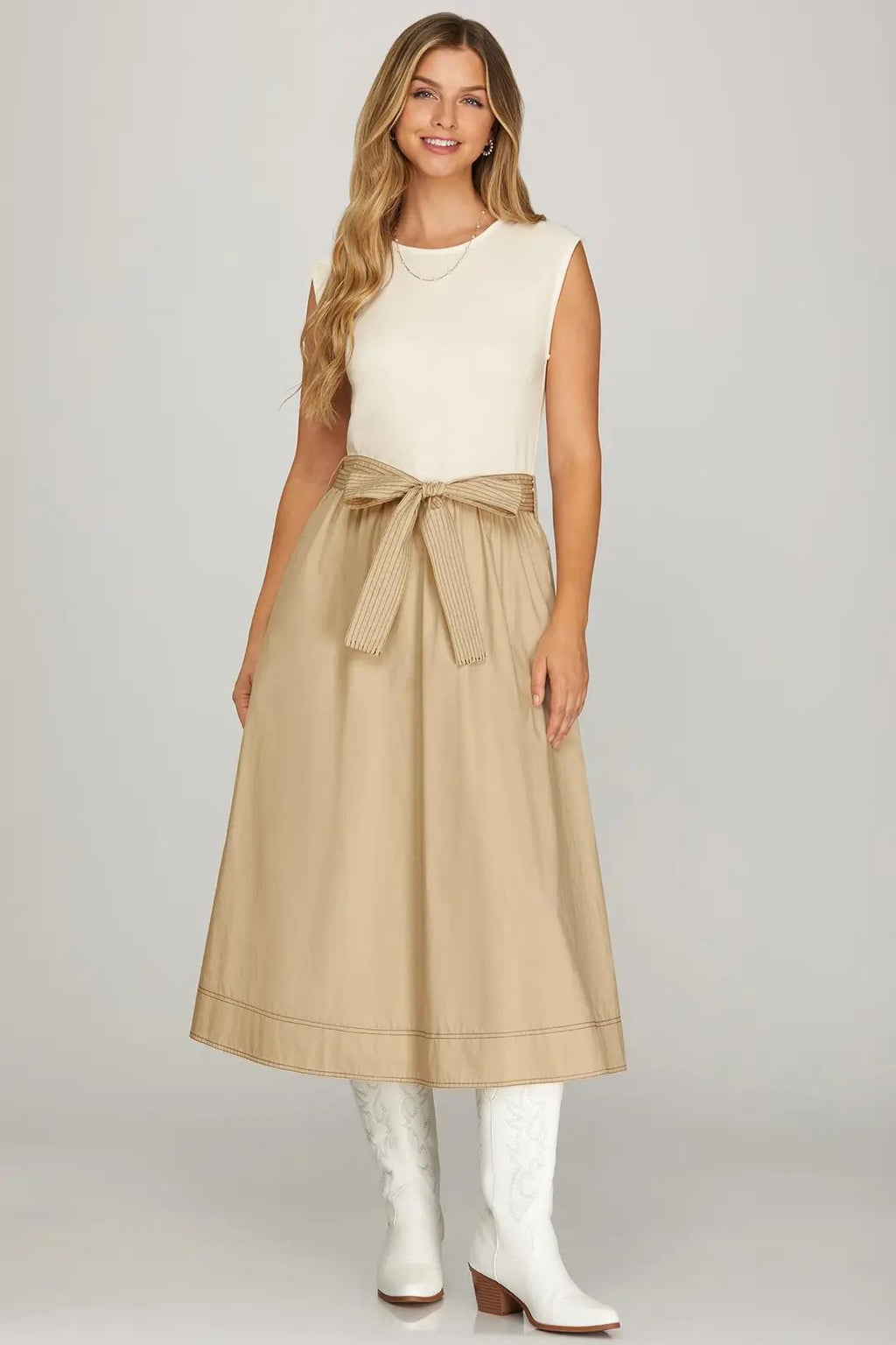 Drop Sleeve Knit & Woven Combo Midi Dress