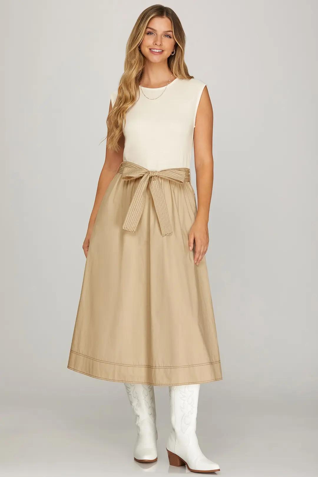 Drop Sleeve Knit & Woven Combo Midi Dress