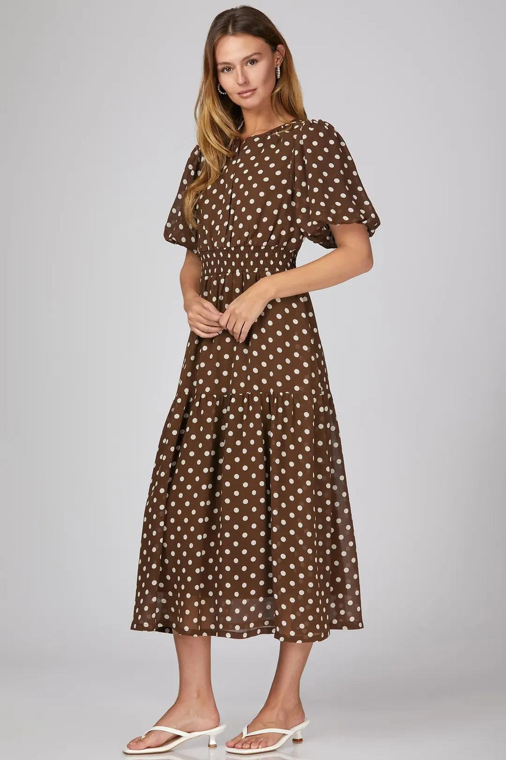Short Puff Sleeve Woven Polka Dot Print Tiered Midi Dress with Smocked Waistband and Pockets
