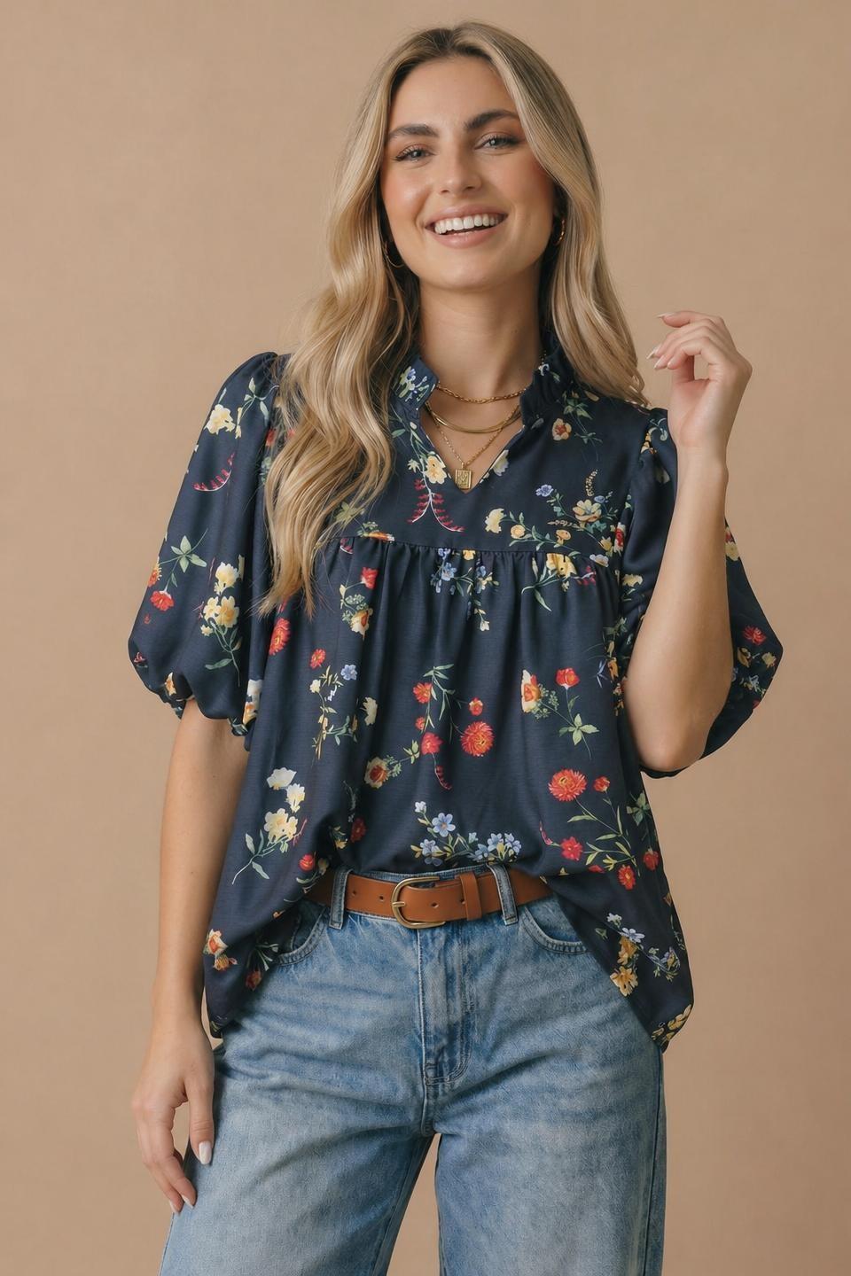 Notch Neck Floral Empire Waist Woven Top