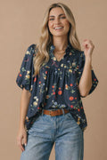 Notch Neck Floral Empire Waist Woven Top
