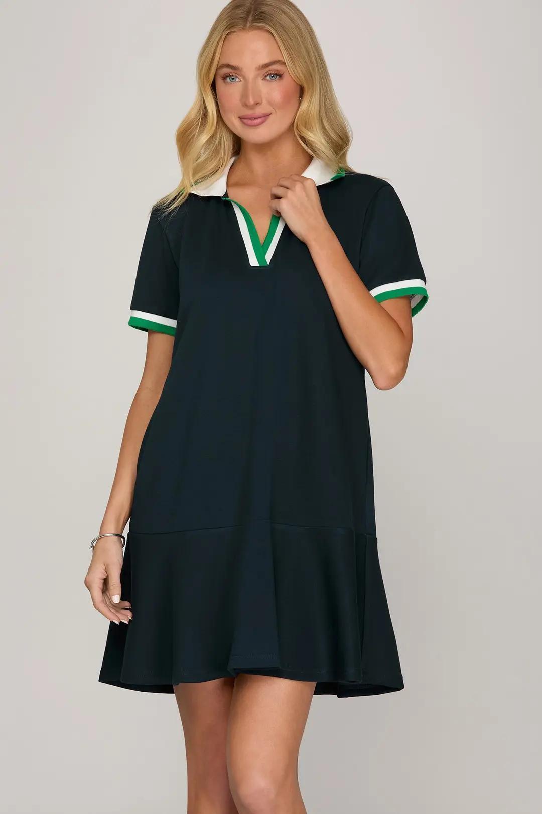 Short Sleeve Rib Collar Mini Dress with Pockets
