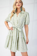 Embroidered Shirt Dress with Lace Trim Detail and Belt Tie