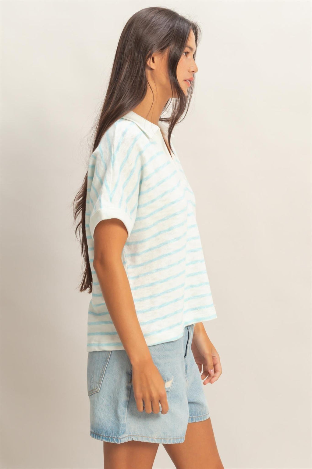 Striped Dolman Sleeve V-neck Collared Top