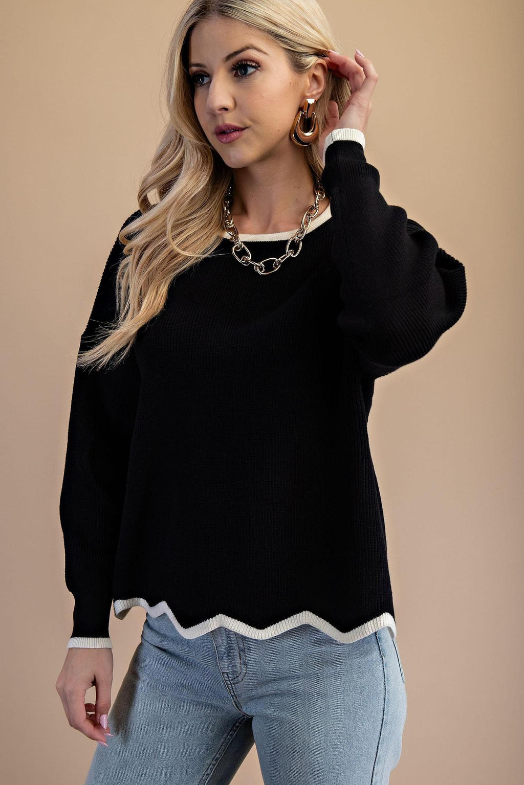 Knit Sweater with Contrasting Hem