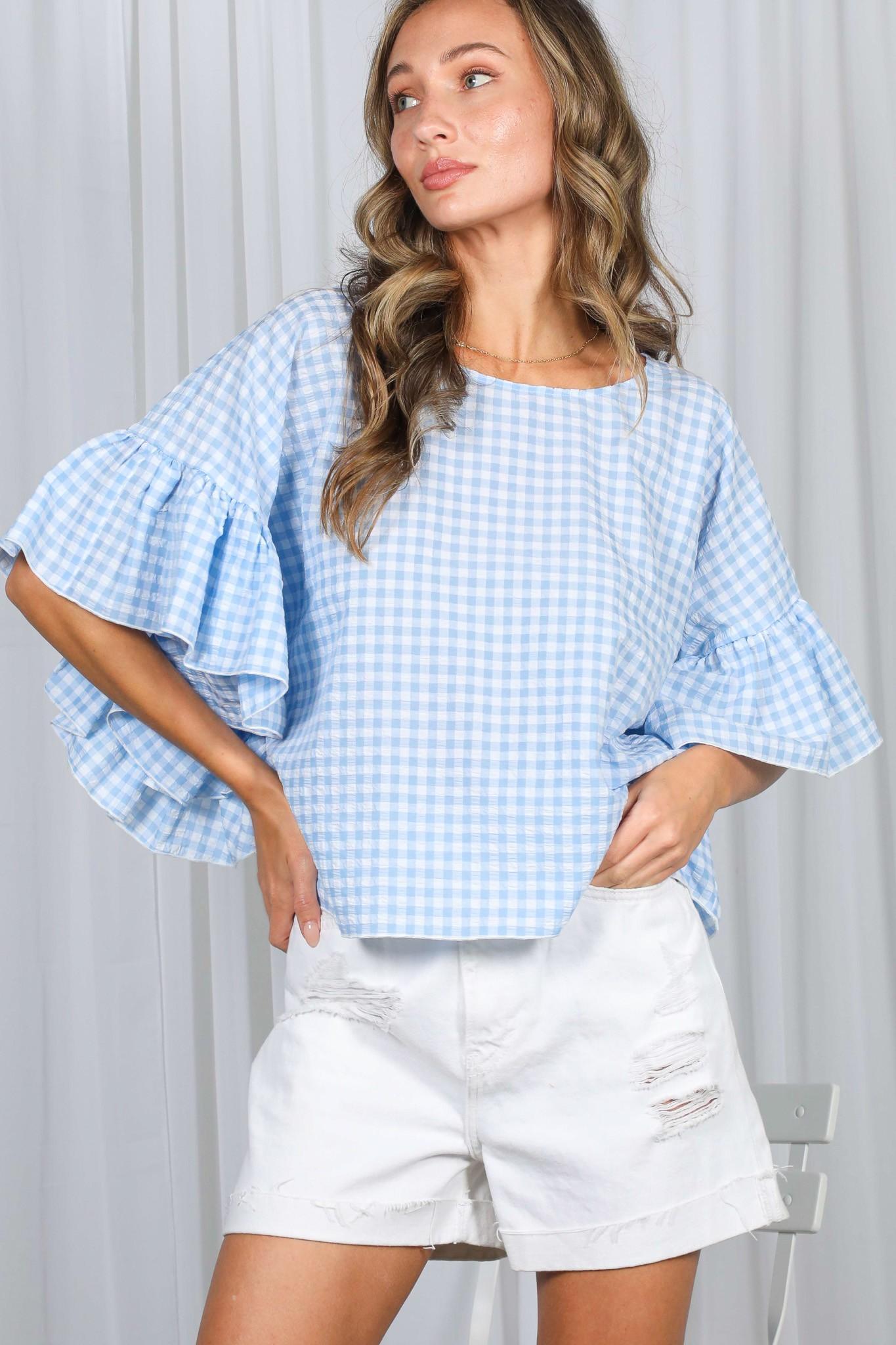 Ruffle Sleeves Flowy Gingham Top