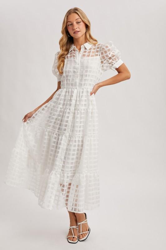 Gridded Organza Button-Down Tiered Maxi Dress