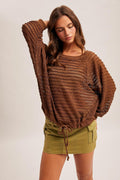 Raglan Sleeve Waist String Detail Textured Top