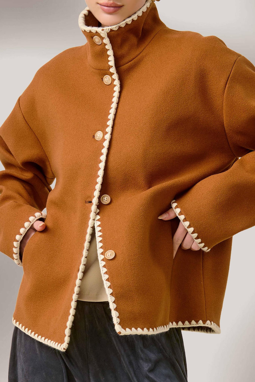 Convertible Collar Felt Jacket with Blanket Stitch