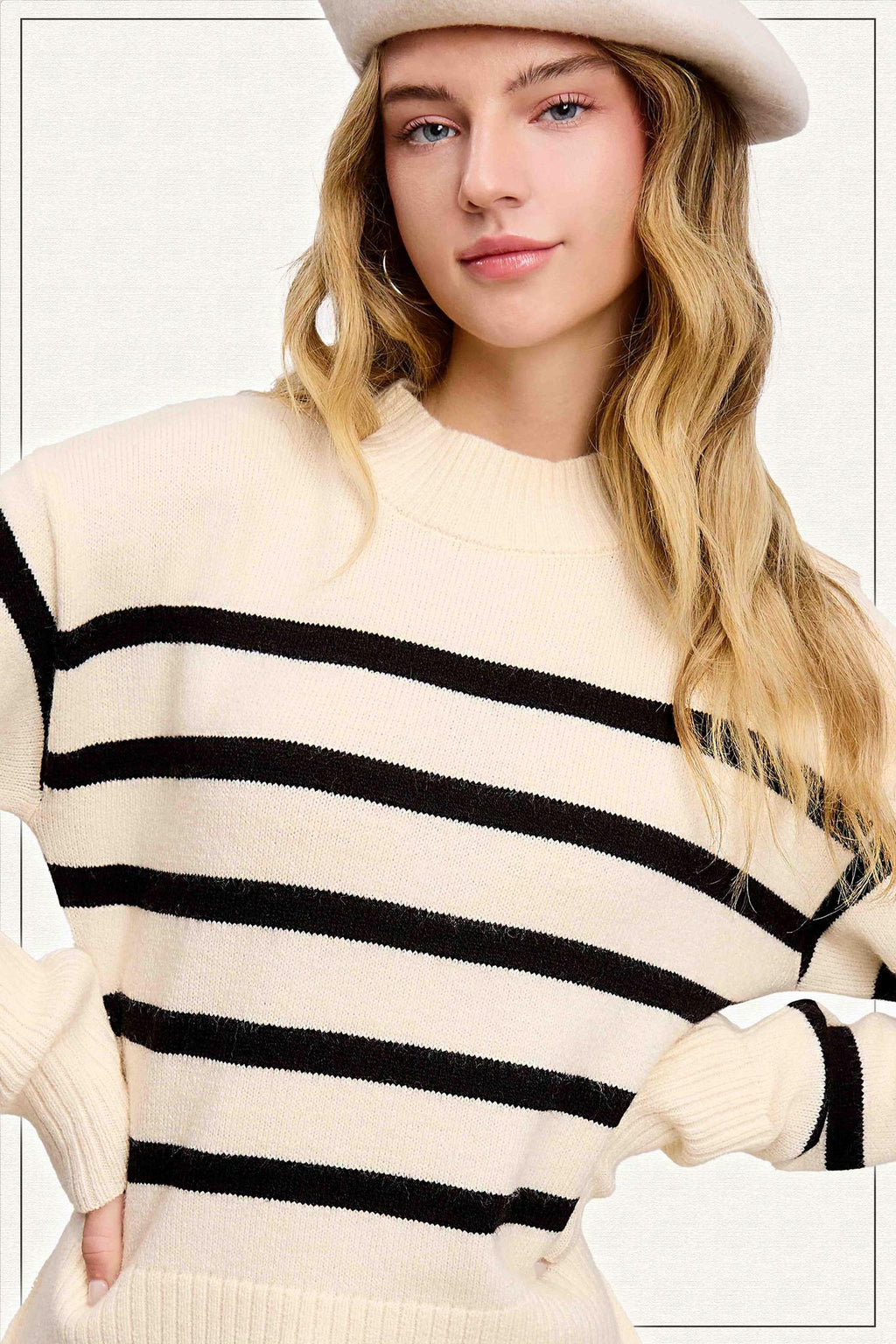 Super Soft Striped Mock Neck Loose Fit Sweater